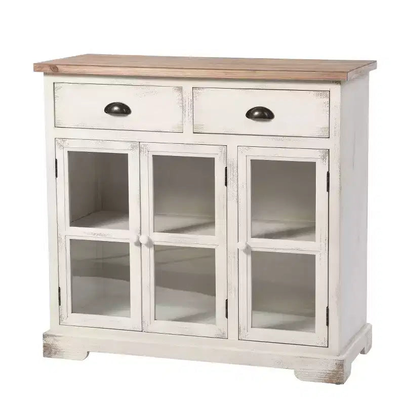 Shabby Chic Window Pane Cabinet Antique White/Natural – 3 Doors, 2 Drawers