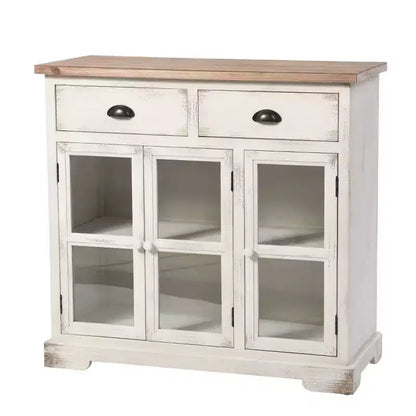 Shabby Chic Window Pane Cabinet Antique White/Natural – 3 Doors, 2 Drawers