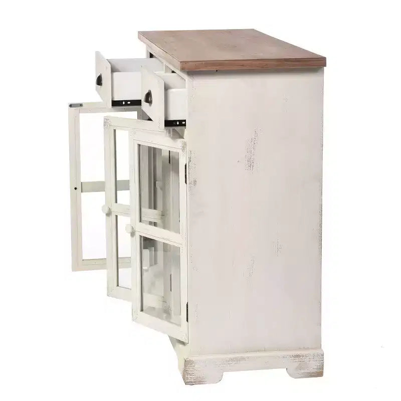 Shabby Chic Window Pane Cabinet Antique White/Natural – 3 Doors, 2 Drawers