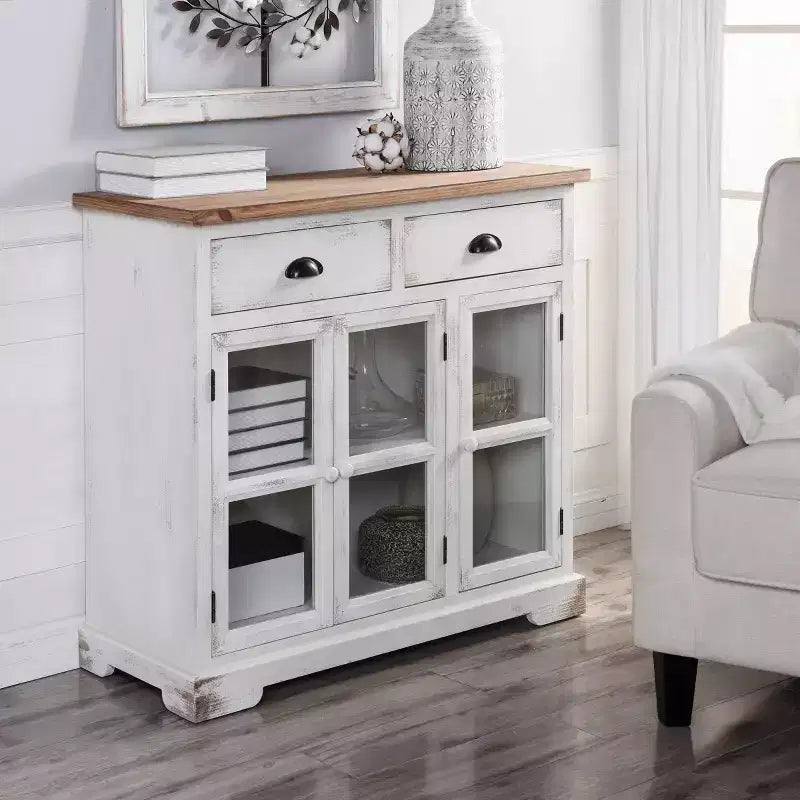 Shabby Chic Window Pane Cabinet Antique White/Natural – 3 Doors, 2 Drawers