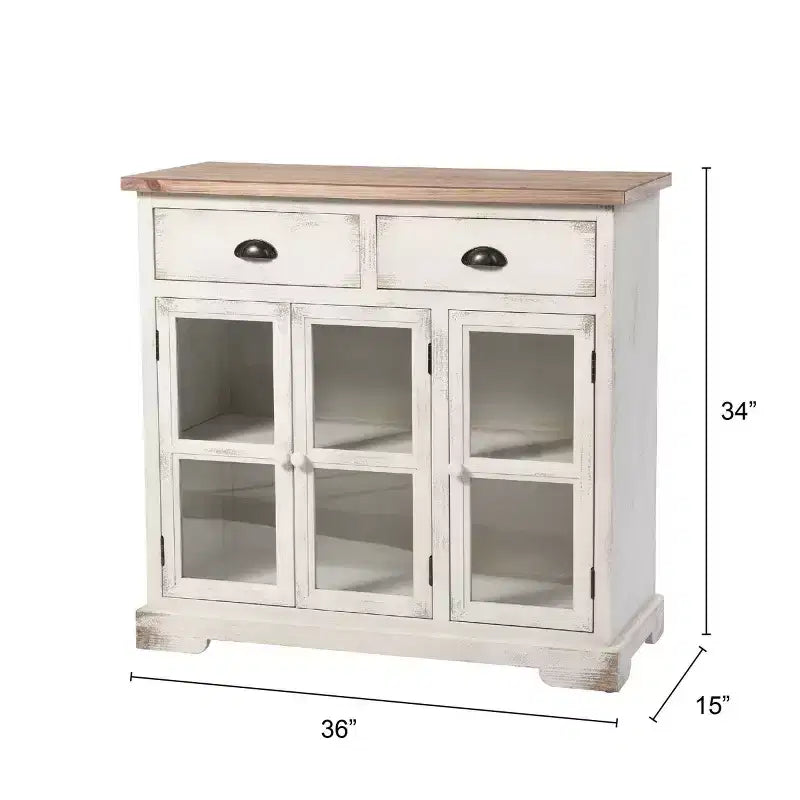 Shabby Chic Window Pane Cabinet Antique White/Natural – 3 Doors, 2 Drawers