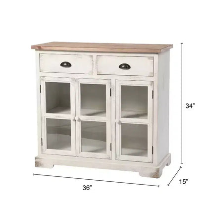 Shabby Chic Window Pane Cabinet Antique White/Natural – 3 Doors, 2 Drawers