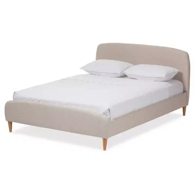 Baxton Studio Full Mia Mid Century Fabric Upholstered Platform Bed Light Beige: Rubberwood & MDF Construction, No Box Spring Needed
