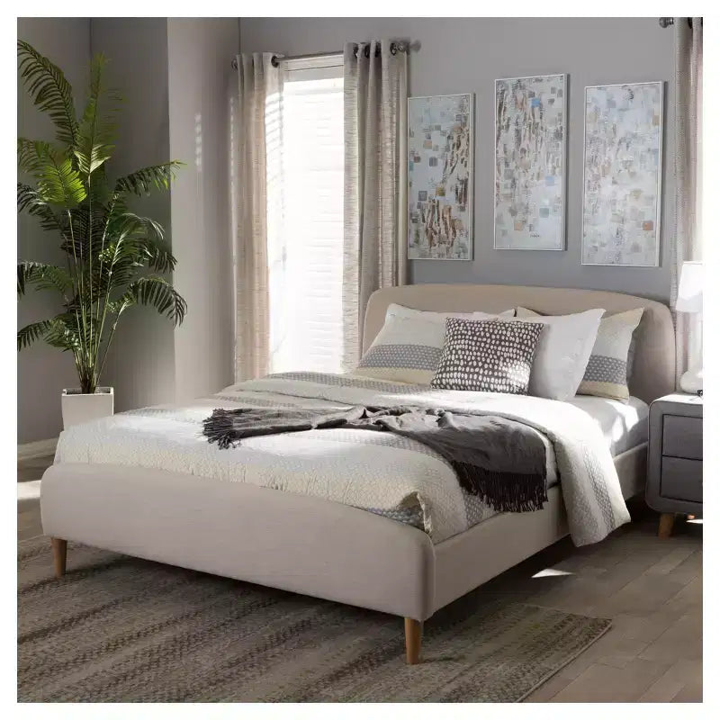 Mia Mid-Century Fabric Platform Bed Full Light Beige – No Box Spring Needed