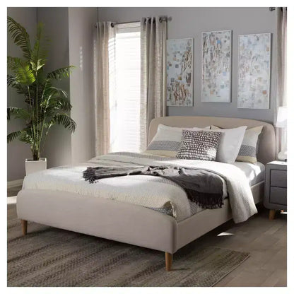 Mia Mid-Century Fabric Platform Bed Full Light Beige – No Box Spring Needed