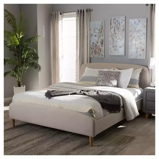 Mia Mid-Century Fabric Platform Bed Full Light Beige – No Box Spring Needed