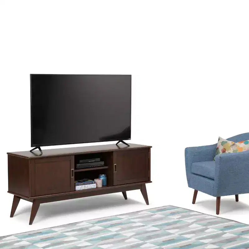 Tierney Mid-Century TV Stand for TVs up to 66" – Solid Rubberwood, Teak Brown