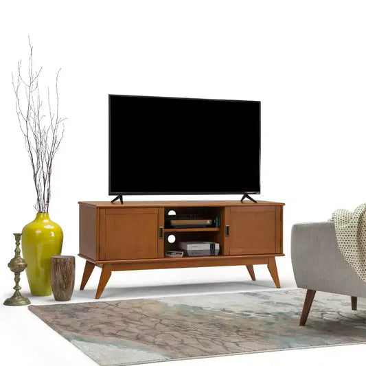 Tierney Mid-Century TV Stand for TVs up to 66" – Solid Rubberwood, Teak Brown